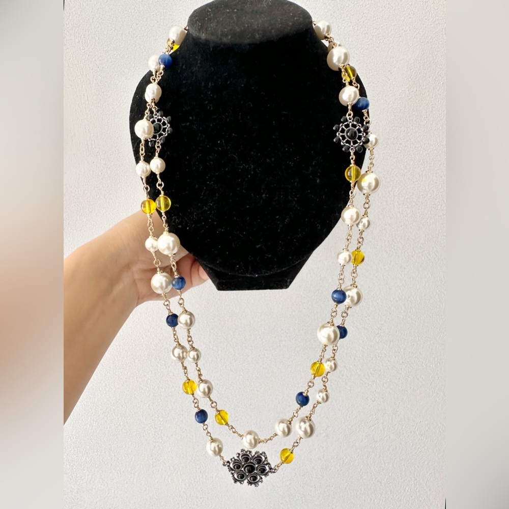 Jumbo Double Loop Yellow & Black Beads Faux Pearl Long Necklace, 50 inches #S5